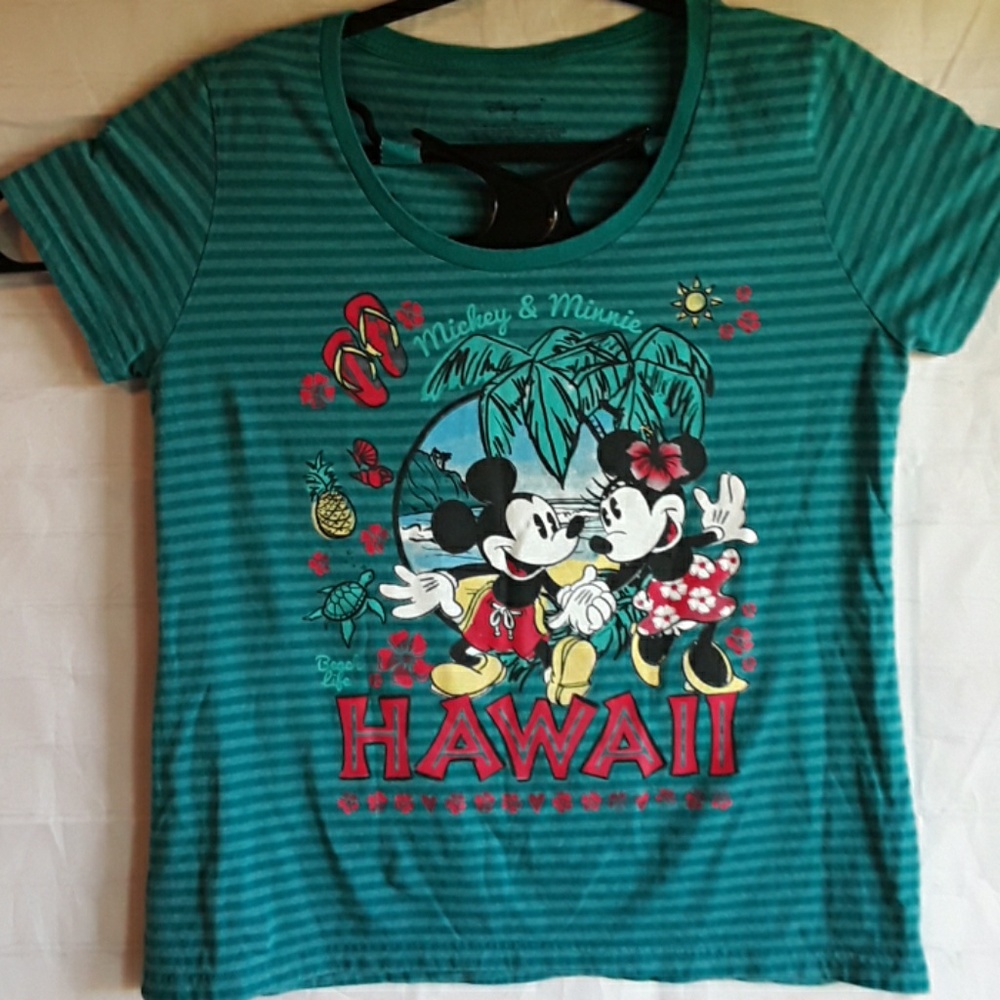 Disney Teal Striped Mickey & Minnie Hawaii Top